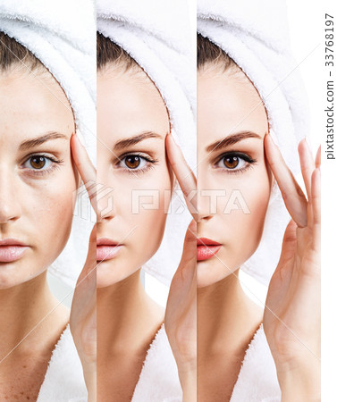 Woman applying makeup step by step. Woman applying makeup step by step. 33768197