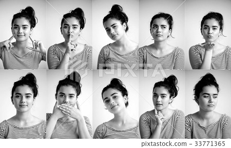 Collage of emotional girl on white background 33771365
