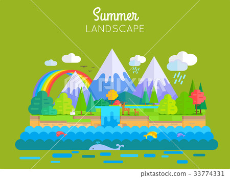 Summer Landscape Vector Concept In Flat Design. 33774331