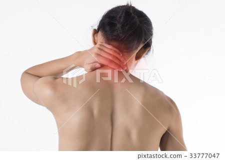 Young man neck pain on white background. 33777047