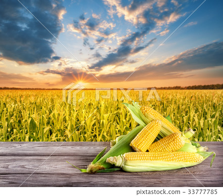 Tasty corn with leaves on wooden table against the 33777785