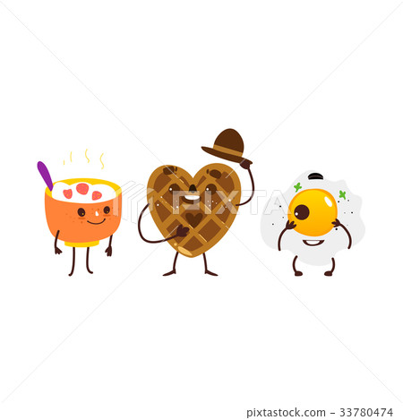 Breakfast characters - oatmeal, waffle, fried egg Breakfast characters - oatmeal, waffle, fried egg 33780474