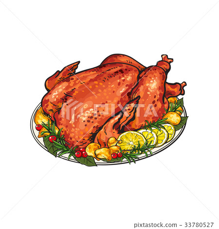 Whole roasted turkey served with lemon and herbs 33780527