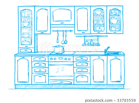 Hand drawn retro kitchen furniture. Hand drawn retro kitchen furniture. 33783559