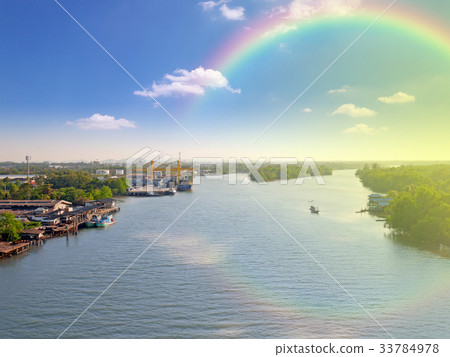 River in Thailand, with blue sky and rainbow River in Thailand, with blue sky and rainbow 33784978