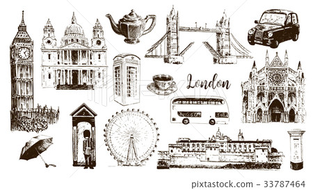 London symbols: Big Ben, Tower Bridge, bus London symbols: Big Ben, Tower Bridge, bus 33787464