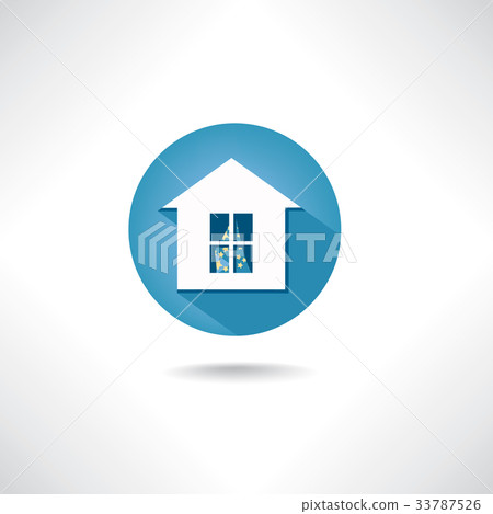 Home icon. Circle blue button. House facade sign 33787526