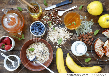 A healthy breakfast with an abundance of fresh A healthy breakfast with an abundance of fresh 33787774