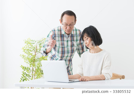 Senior man and woman who operate a personal computer 33805532