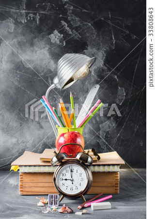 Concept Back To School Clock Chalk Pencil Apple Concept Back To School Clock Chalk Pencil Apple 33808643