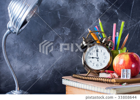 Concept Back To School Clock Chalk Pencil Apple Concept Back To School Clock Chalk Pencil Apple 33808644