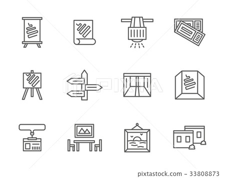 Exhibition rooms black line vector icons set 33808873