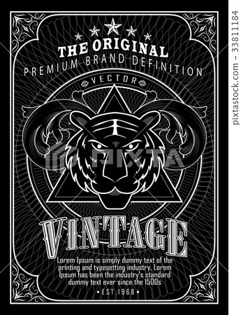 Vintage engraving frame border western label tiger 33811184