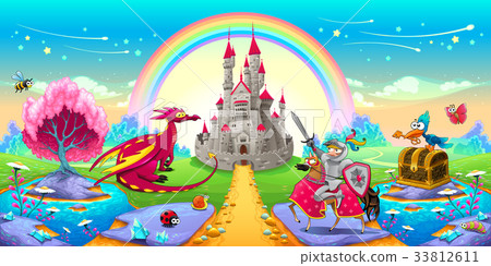 Landscape of dreams with dragon and knight Landscape of dreams with dragon and knight 33812611