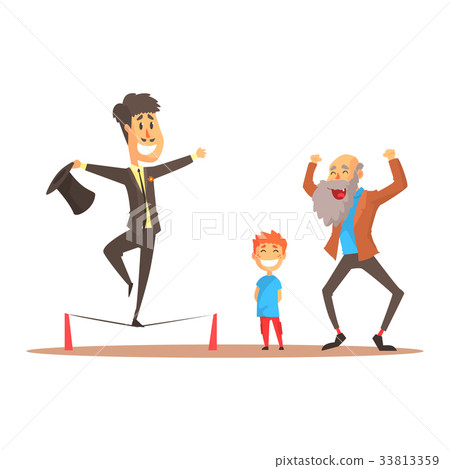 Tightrope walker performing before happy people 33813359