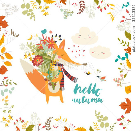 Lovely autumn card with a fox and flowers Lovely autumn card with a fox and flowers 33813522