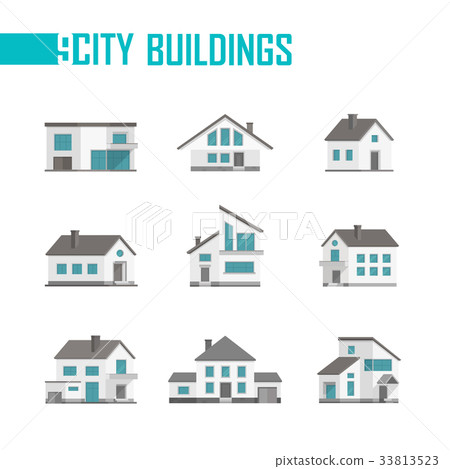 Nine small city buildings set of icons - vector Nine small city buildings set of icons - vector 33813523