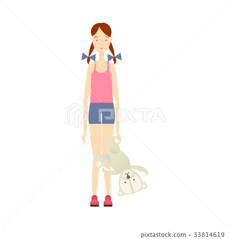 vector flat young girl holding bear toy 33814619