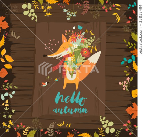 Lovely autumn card with a fox and flowers - Stock Illustration ...