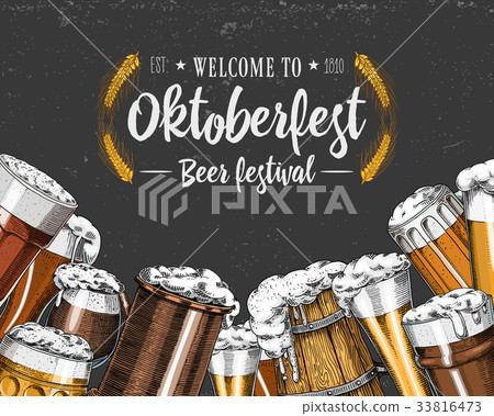 Beer glass, mug or bottle of oktoberfest. engraved Beer glass, mug or bottle of oktoberfest. engraved 33816473