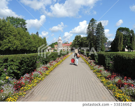 Road with stroller and flowers with woman and blue sky 33816662