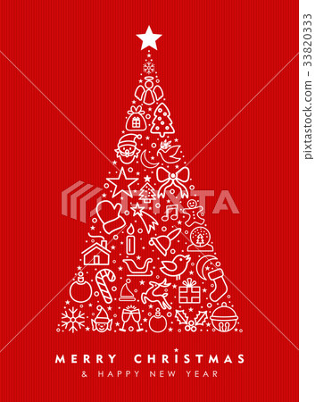 Holiday red pine tree outline icon card design - Stock Illustration ...