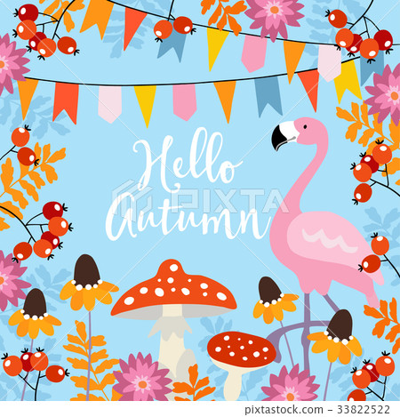 Hello autumn greeting card with hand drawn leaves 33822522