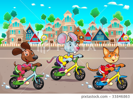 Funny pets are riding bikes in the town 33846863