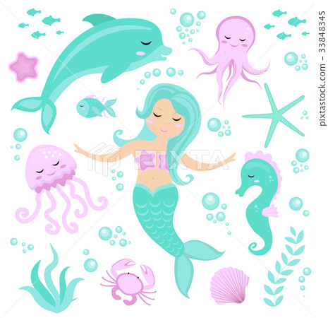 Cute set Little mermaid and underwater world 33848345