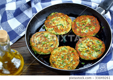 zucchini fritters on skillet, top view zucchini fritters on skillet, top view 33849261