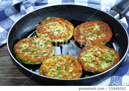 zucchini fritters on skillet, top view 33849262