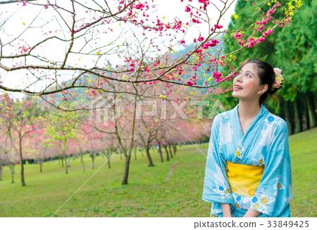 woman visiting blooming cherry flower trees park 33849425