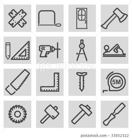 Vector black line carpentry icons set - Stock Illustration [33852322 ...