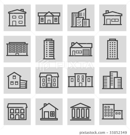 Vector black line building icons set - Stock Illustration [33852349 ...