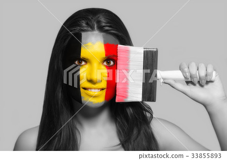 Female supporter in national colors of Belgium Female supporter in national colors of Belgium 33855893