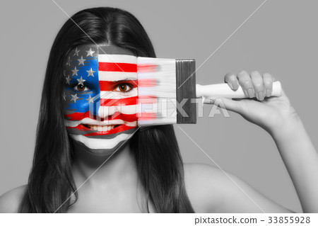 Female supporter in national colors of America Female supporter in national colors of America 33855928