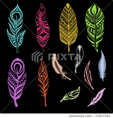 Set of embroidered feathers on a black background. 33857302