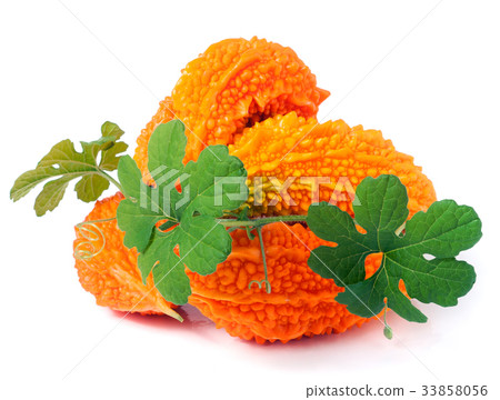 heap of bitter melon or momordica with leaves 33858056