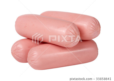Four sausages isolated on white background closeup Four sausages isolated on white background closeup 33858641
