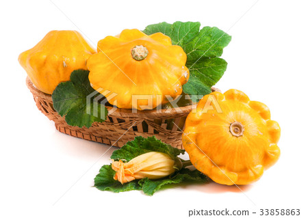 yellow pattypan squash with leaf and flower in a 33858863