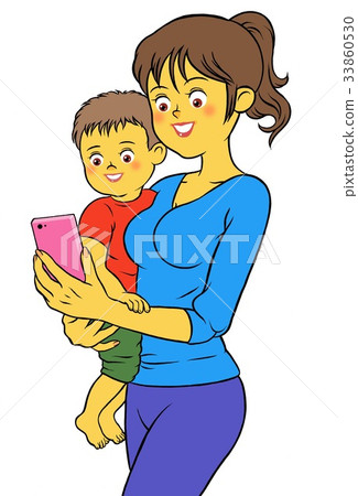 Young mom holding a baby and looking at a smartphone Young mom holding a baby and looking at a smartphone 33860530