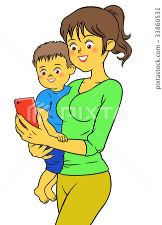 Young mom holding a baby and looking at a smartphone 33860531