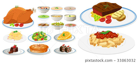 Different types of food on plates Different types of food on plates 33863032