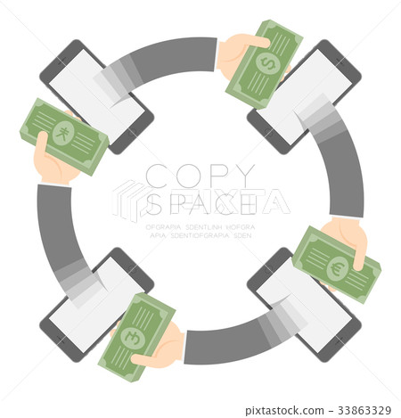 Four Smartphone with pop up hand holding cash Four Smartphone with pop up hand holding cash 33863329