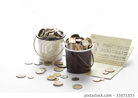 Coins in buckets and saving account passbook Coins in buckets and saving account passbook 33871855