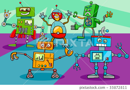 dancing robot characters group cartoon 33872811
