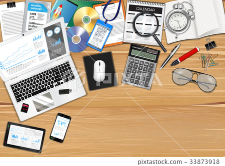 workplace with object and tools on wood table 33873918