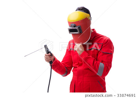 Young repairman with a welding gun electrode and a 33874691
