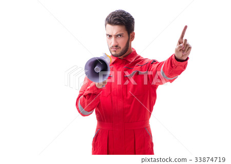 Young repairman with a megaphone bullhorn isolated 33874719