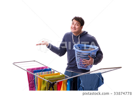 Husband man doing laundry isolated on white 33874778